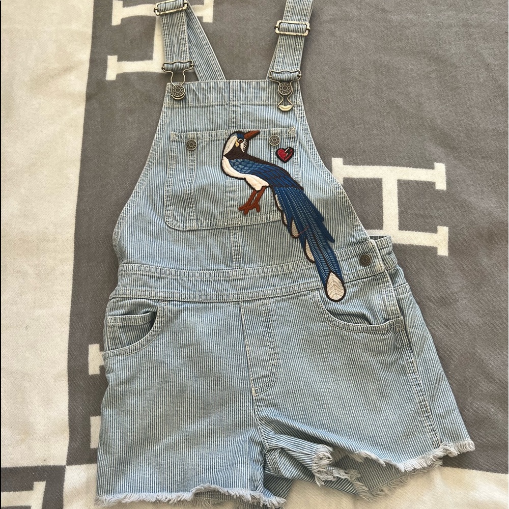 Gucci Light Blue Denim Overalls with Bird Embroidery